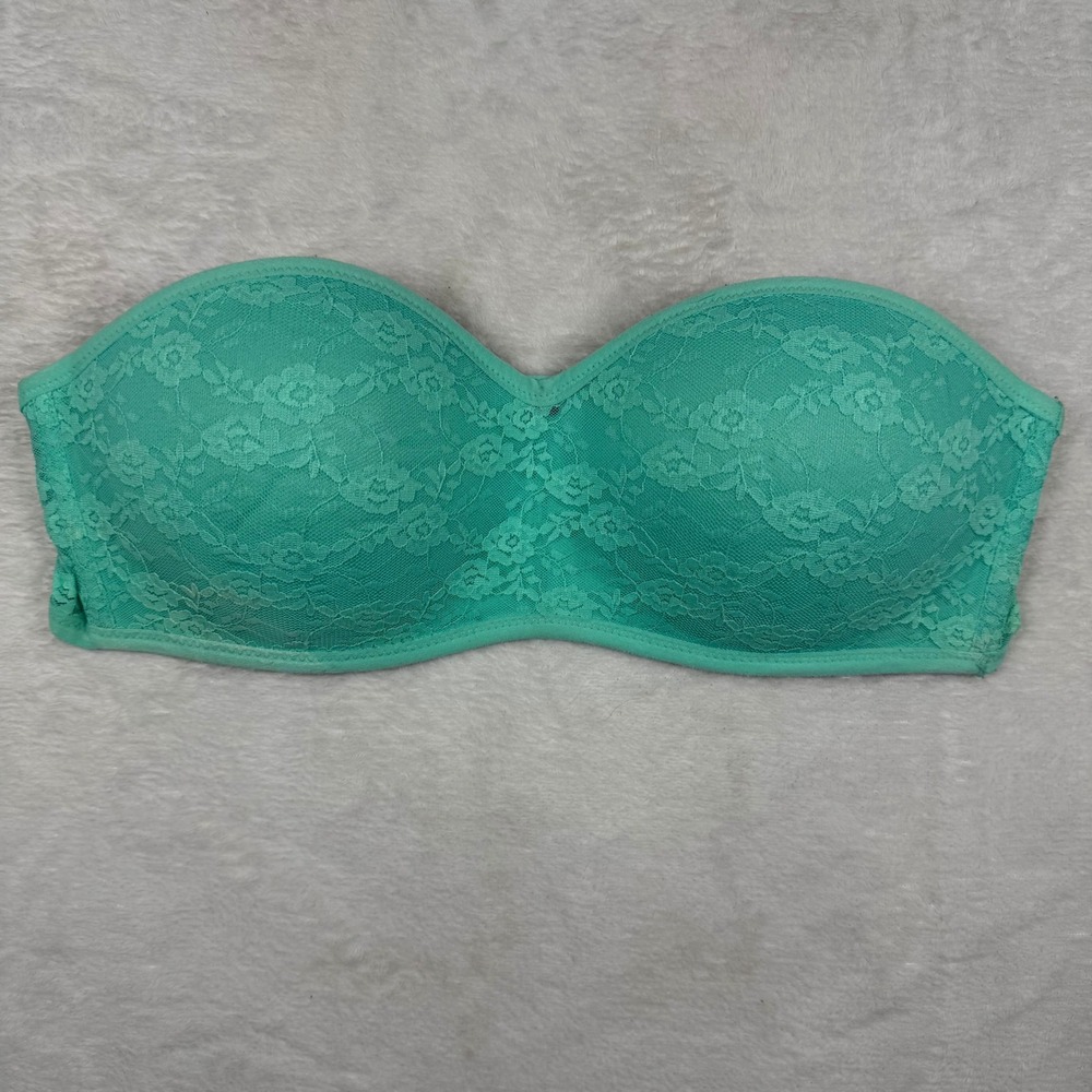 PINK Victoria's Secret Lace Bandeau Bra Mint Green Strapless Padded Large L/G